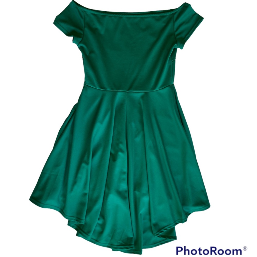 Green, off shoulder, high low dress. M - Picture 4 of 5